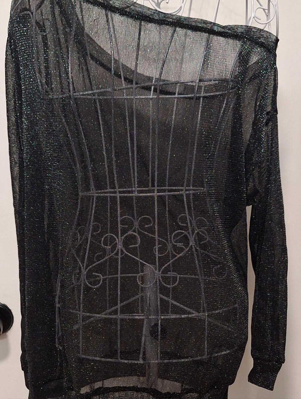 SHEIN Black Sheer Glitter Mesh Boat Neck Pullover Top Women’s L Long Sleeve